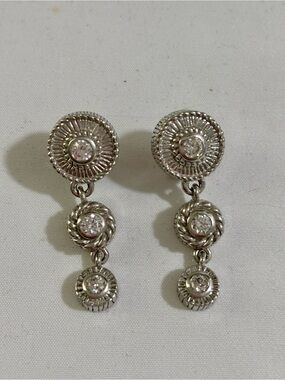 Judith Ripka 925 Sterling Silver 3 Tier CZ Omega Back Drop Dangle Earrings
